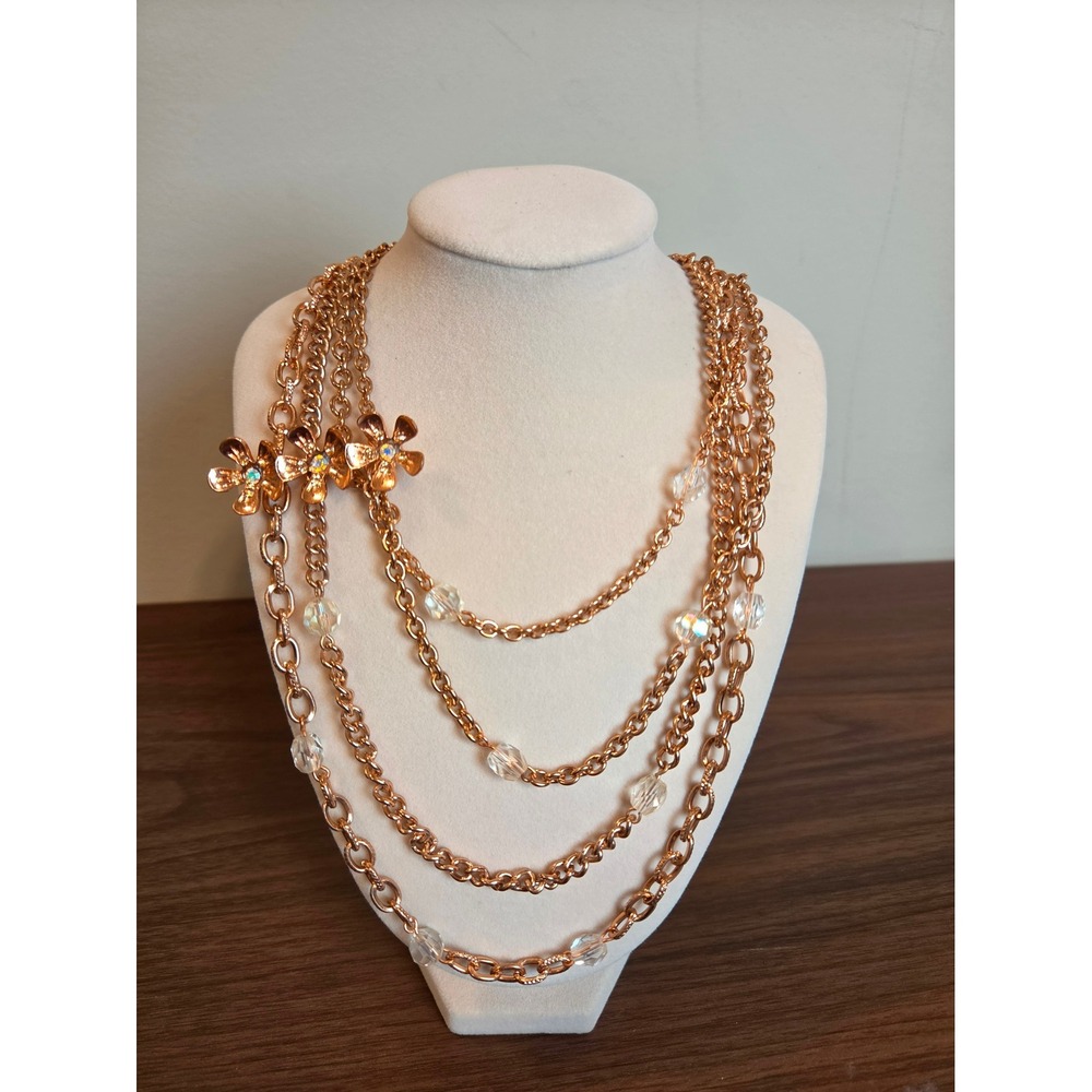 Rose Gold tone Multi Strand Layered Flower Crystal Bead Statement Necklace